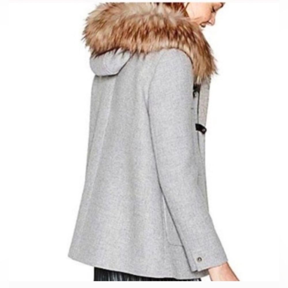 ZARA A-line Wool Duffle Coat jacket Gray detachable faux Fur Hood pockets size S - Picture 4 of 16